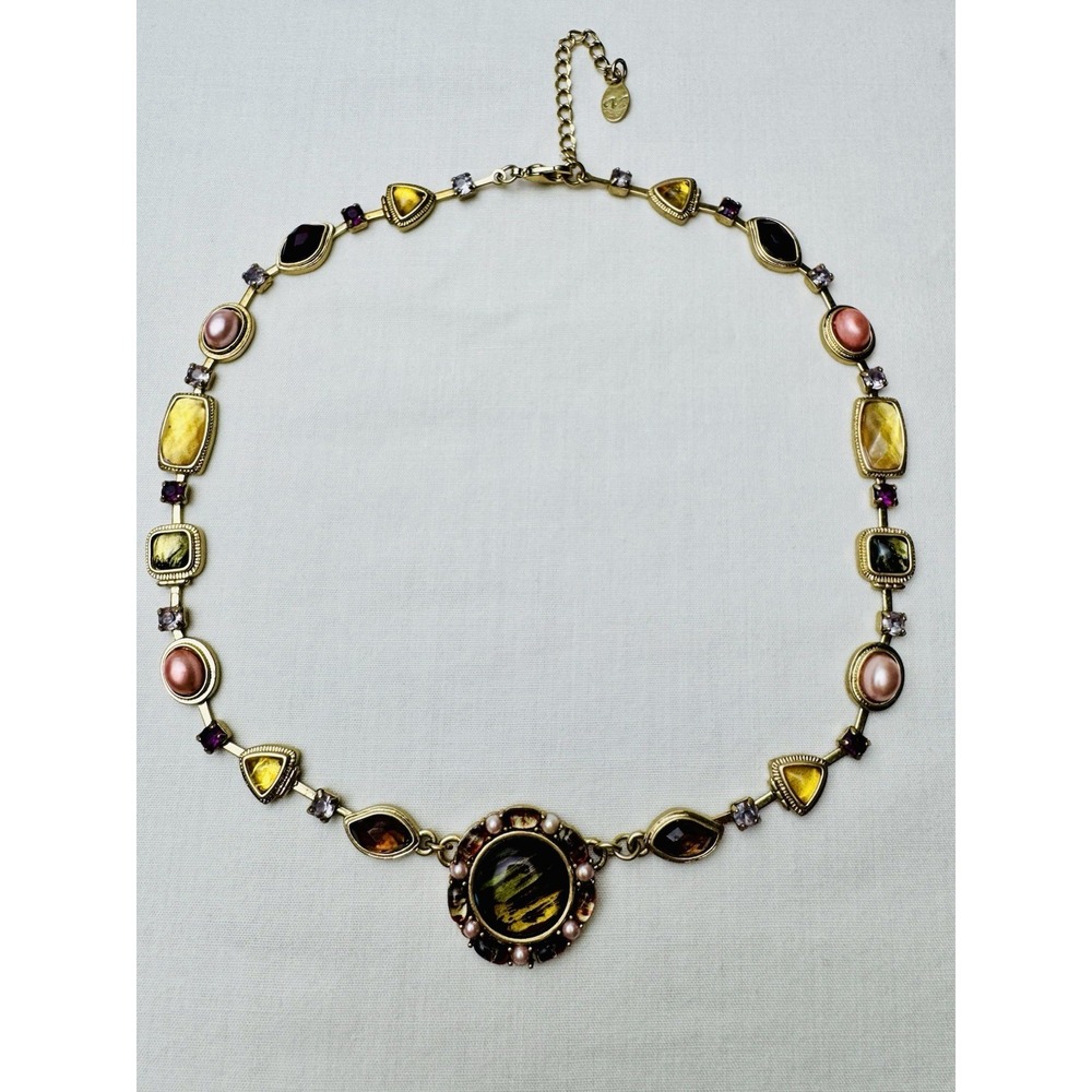 Gold Tone Multi Stone Resin Faux Pearl Collar Statement Necklace Vintage LC